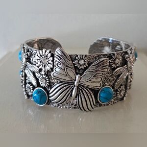 Novadab Silver Butterfly Cuff Bracelet with Turquoise & Rhinestone Accents